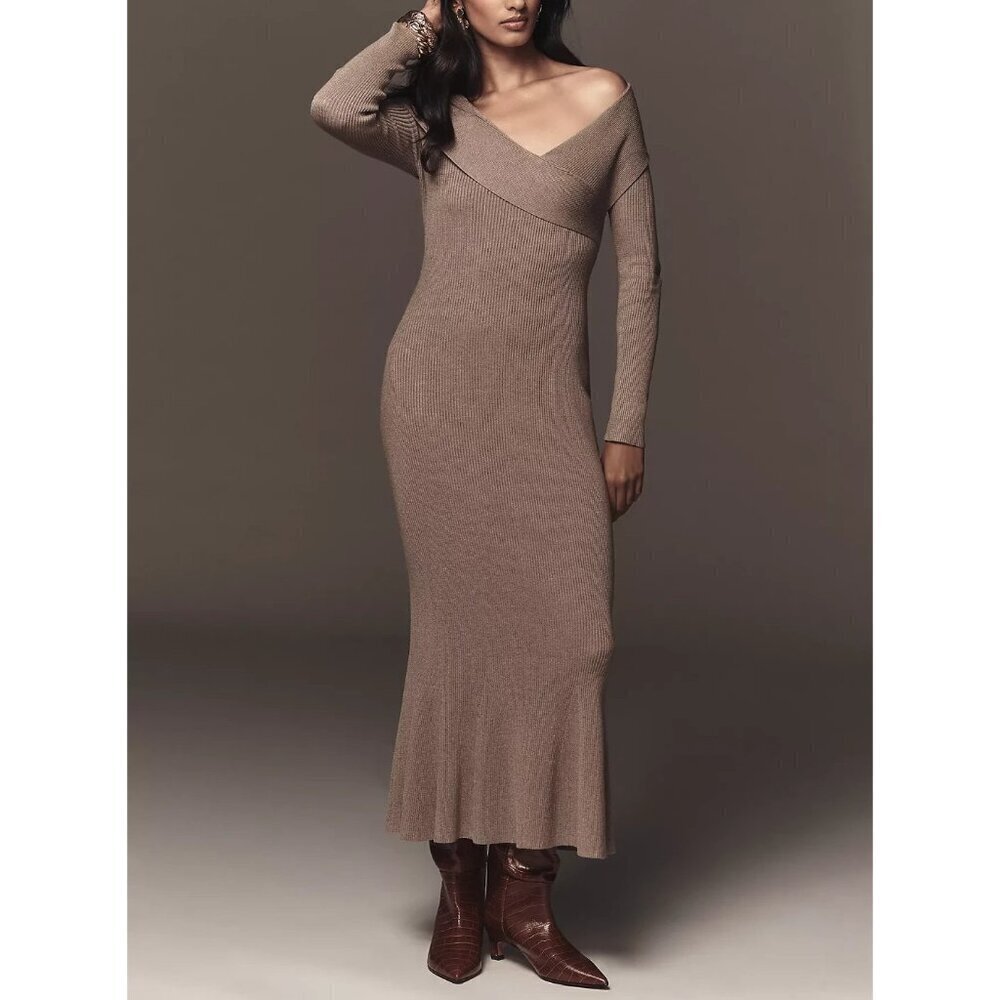 By Anthropologie Off-Shoulder Slim Sweater Dress L